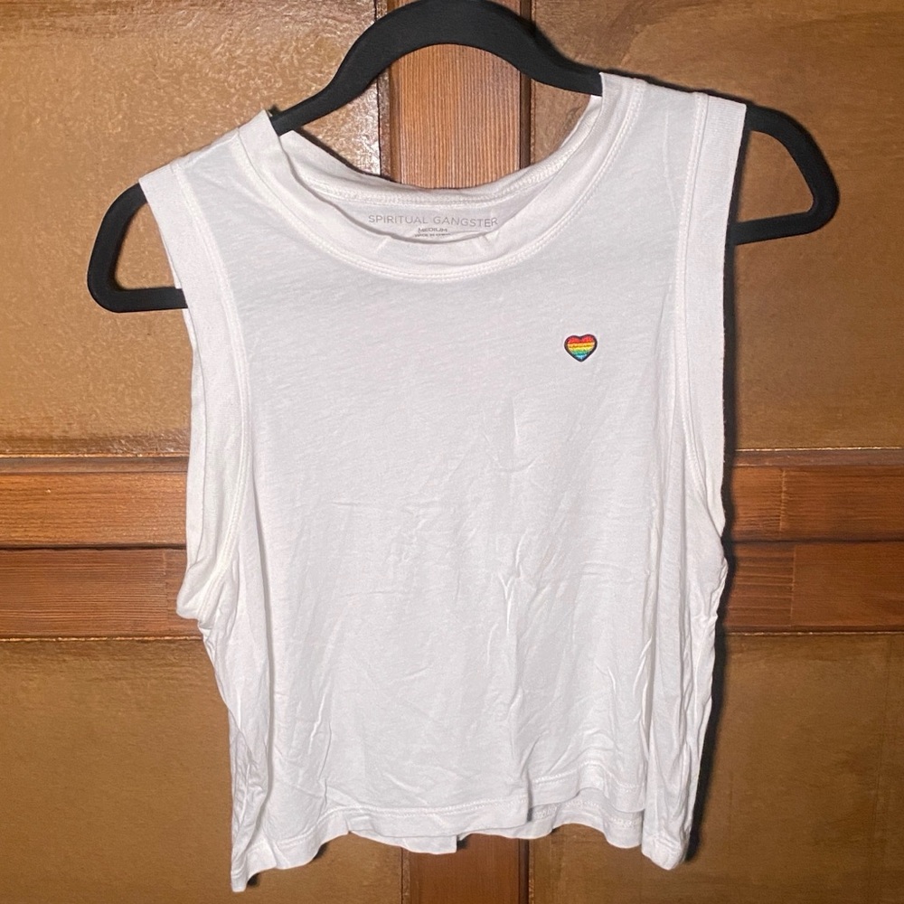 Spiritual Gangster White Muscle Tee with Heart Patch